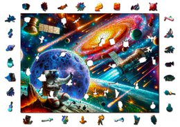 "Cosmic Exploration puzzle featuring a vibrant, colorful space scene with planets, stars, and spacecraft. Suitable for puzzle enthusiasts interested in the wonders of the universe."
