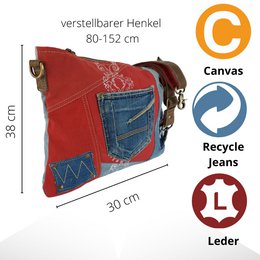 Sunsa Bæredygtig Skuldertaske til kvinder. Skuldertaske lavet af genbrugte jeans & canvas (canvas). Håndtaske i vintage retro stil. Crossbody taske til kvinder.