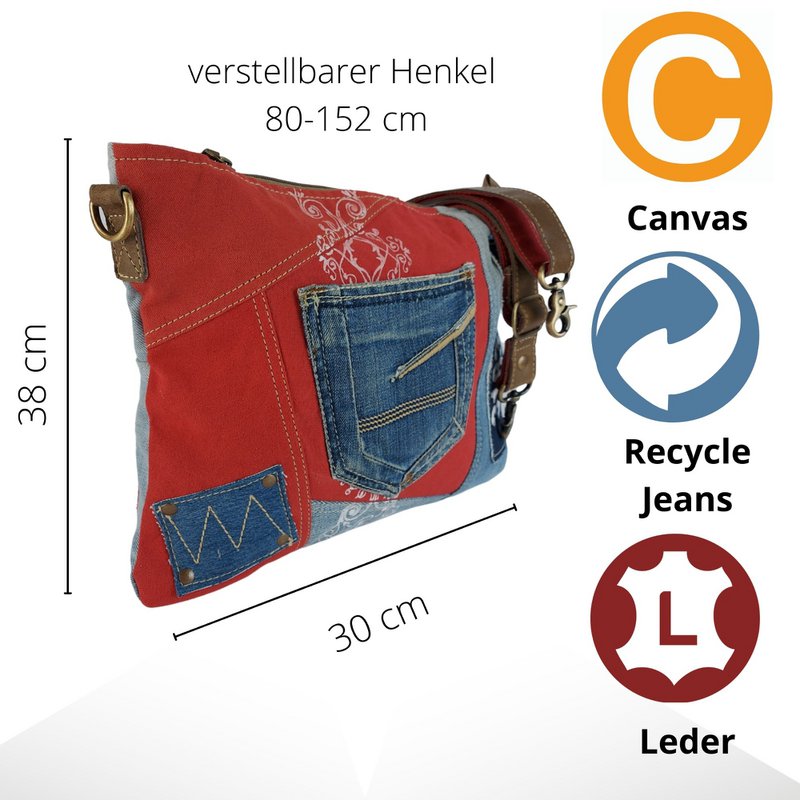 Sunsa Bæredygtig Skuldertaske til kvinder. Skuldertaske lavet af genbrugte jeans & canvas (canvas). Håndtaske i vintage retro stil. Crossbody taske til kvinder.