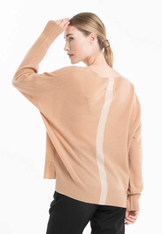 NAMI 23 Kaschmirpullover mit V-Ausschnitt und kamel-/beigefarbenem Band