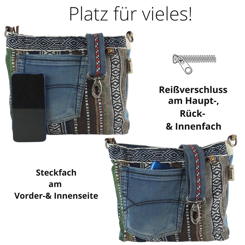 Sunsa Bæredygtig Skuldertaske til kvinder. Skuldertaske lavet af genbrugte jeans og bomuld. Håndtaske vintage retro stil. Crossbody taske til kvinder.