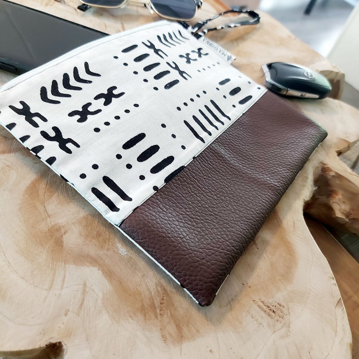 Afrikanischer Druckzahnbeutel | Make-up-Tasche | Bleistiftfall | Veganer Lederdetail