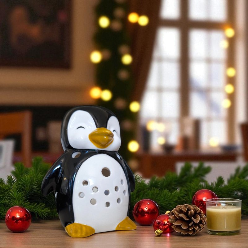 Brændt-parfum pingvin i håndmalet keramisk-diffuser essentielle olier, parfume eller voks-12,5 cm-kokooning vinter atmosfære-original velvære dekoration