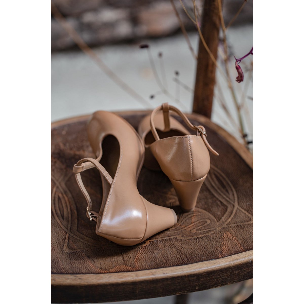 Handgemaakte Leren hakken (5,5 cm) - Astrid - Beige Vintage Schoenen 35-42
