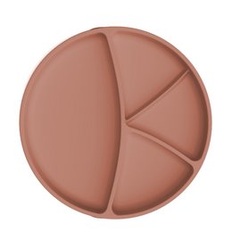 A round, red silicone plate with a suction cup base and divided sections for kids' meals.