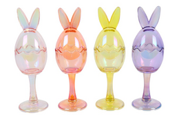 Colorful glass bunny-shaped containers on tall stems, suitable for storing or displaying small items. The containers come in a variety of pastel shades including yellow, orange, pink, and purple.