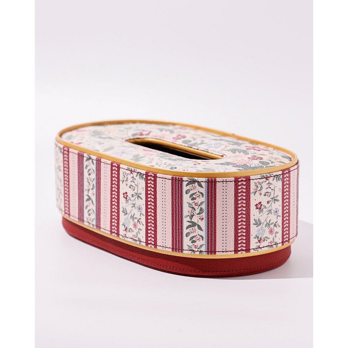 Vegan Leather Oval Tissue Box - Floral & Striped Pattern