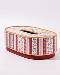Vegan Leather Oval Tissue Box - Floral & Striped Pattern