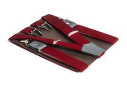 Mid-wide burgundy suspenders with metal clips and adjustable straps.