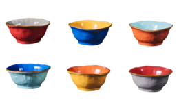 Set of 6 colorful tapas bowls, each measuring 13.5cm in diameter. Bowls feature a variety of vibrant colors including red, blue, orange, and gray.