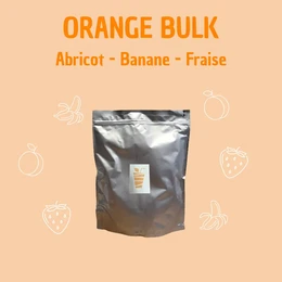 Orange bulk fruit preparation with apricot, banana, and strawberry flavors. 100% pure fruit, zero waste, and eco-friendly solution for rehydration.