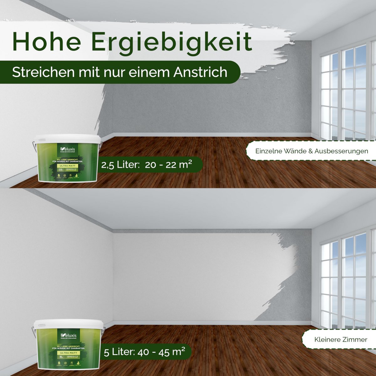 Veluxis® Wandfarbe Grau für den Innenraum - 2,5 Liter & Deckkraft-Klasse 1, Streifenfrei, tropfarm & Öko Farbe, VOC-frei - (Shady Spice)
