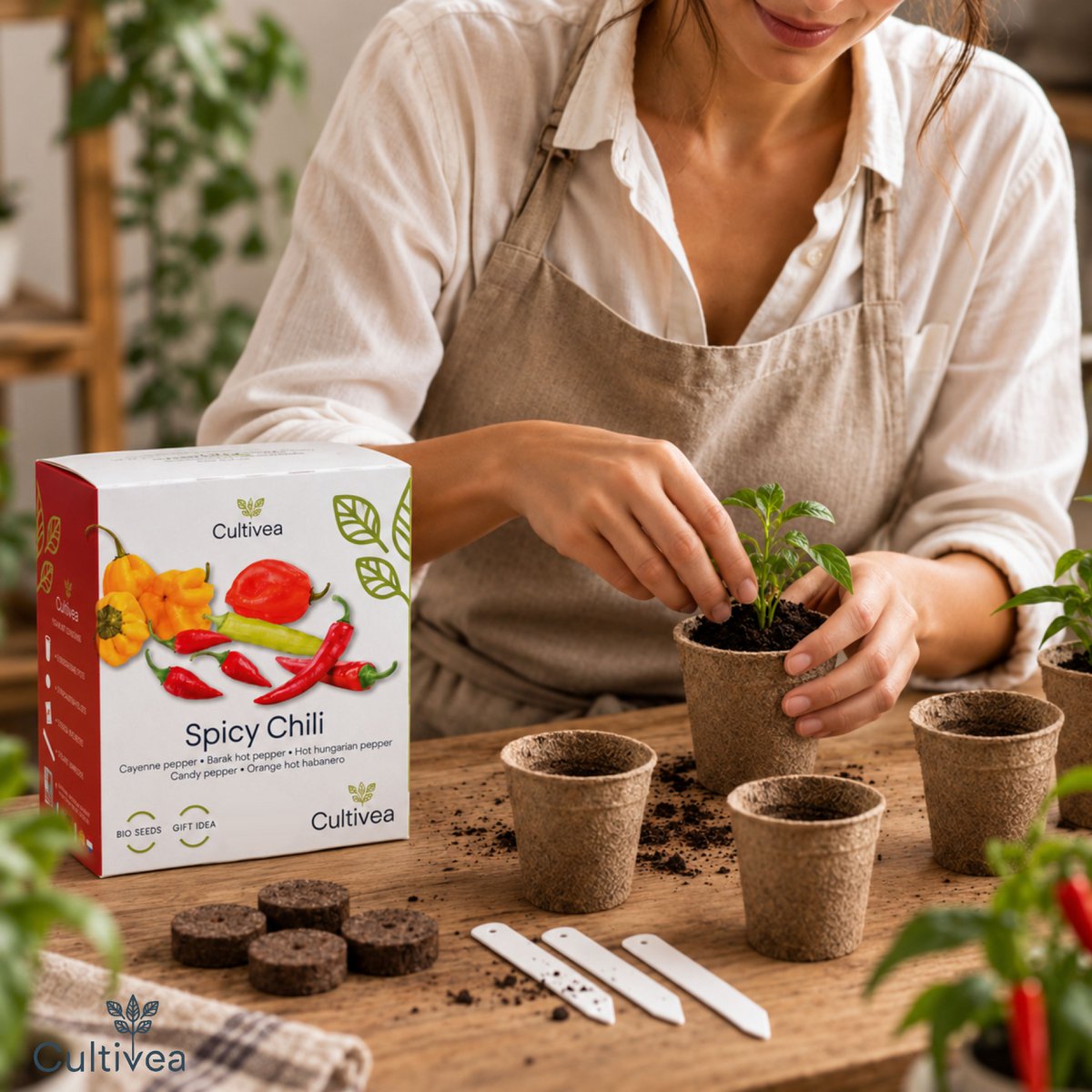 CULTIVEA® Kit de Ají Orgánico para Plantar - Caja de Semillas de Chile con Chile Habanero, Naranja, Cayena, Barak, Húngaro y Candy - Kit Completo de Semillas Vegetales - Idea de Regalo