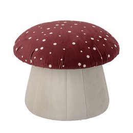  A round, plush pouf in a deep red color with white polka dots, made of polyester material. Suitable for use as a stool or accent piece in a living room or bedroom.