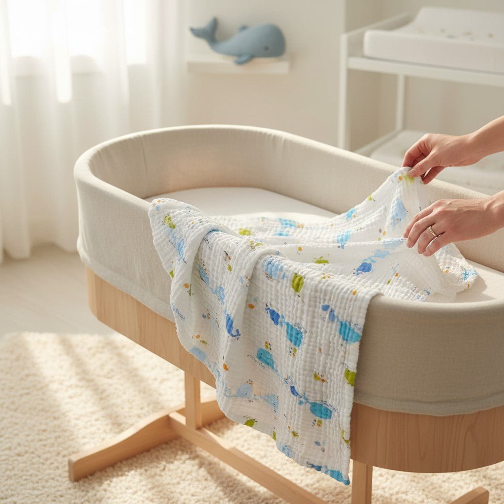 Nuvinokids® 6-lags bomuldsmuslin babytæppe blåhvaler