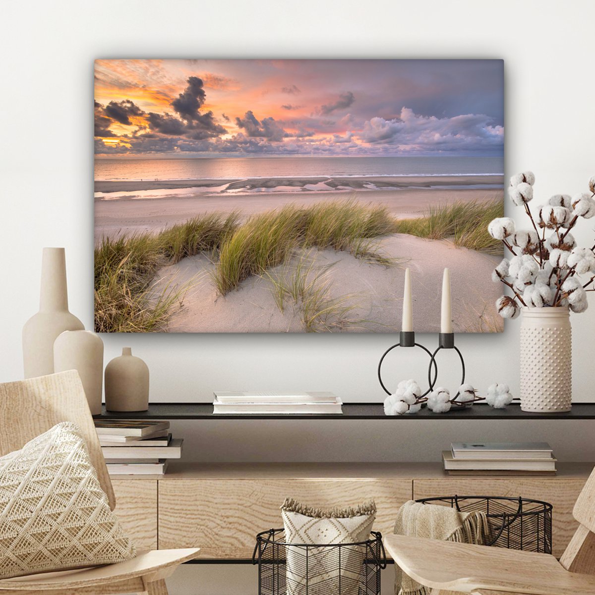 Pintura de lona - Decoración de pared - Sunset - Dune - Playa - Plantas - Mar