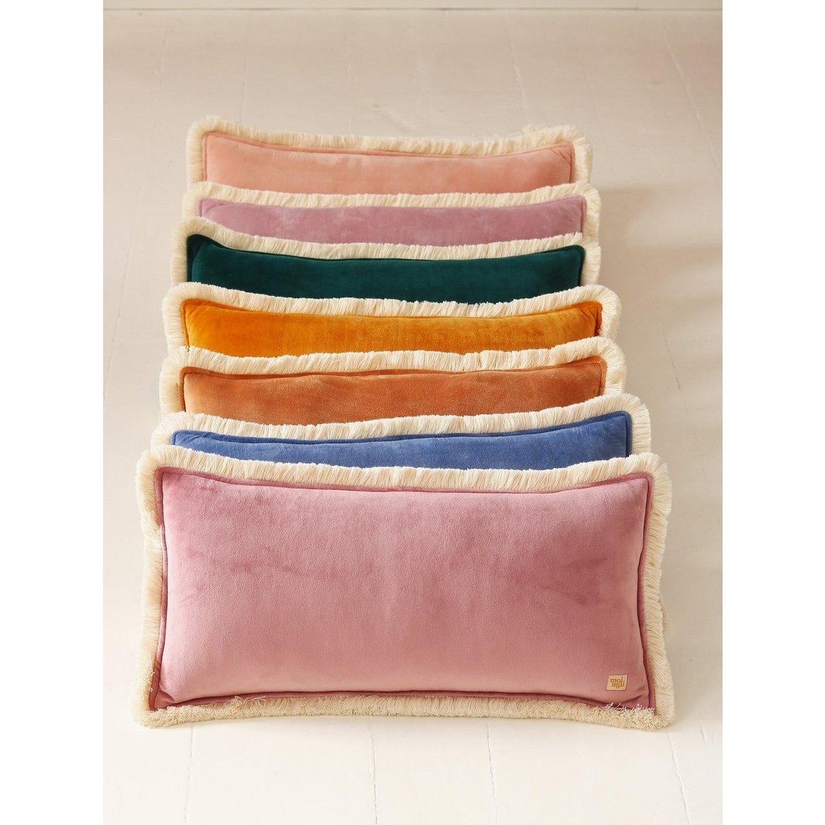 "Mustard" soft velvet bolster with fringe