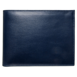 Navy blue leather bifold wallet with 8 credit card slots.