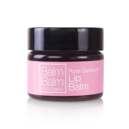 Rose geranium organic lip balm in a 15ml pot. Moisturizing and nourishing formula with natural ingredients.