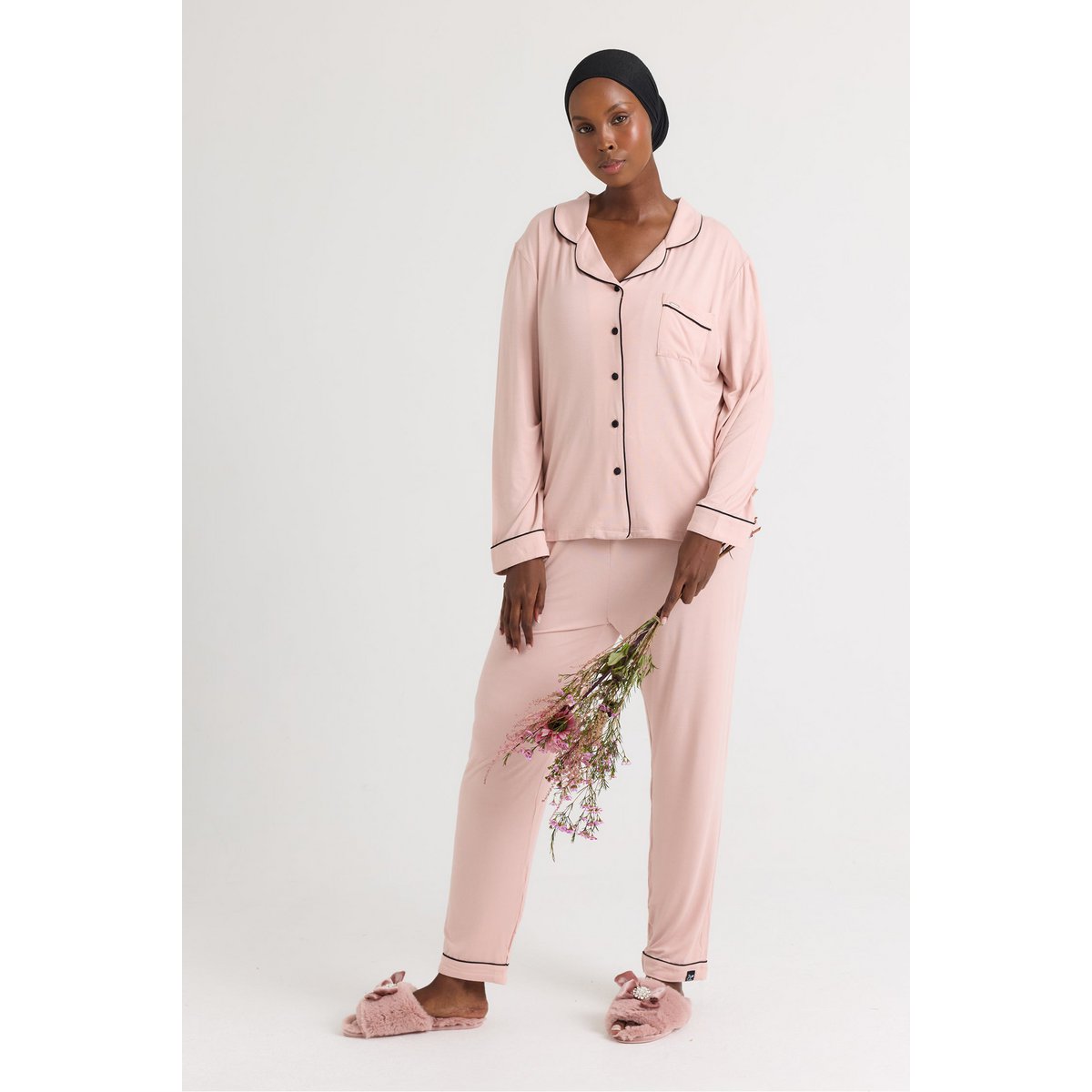 Set pigiama lungo in bambù rosa