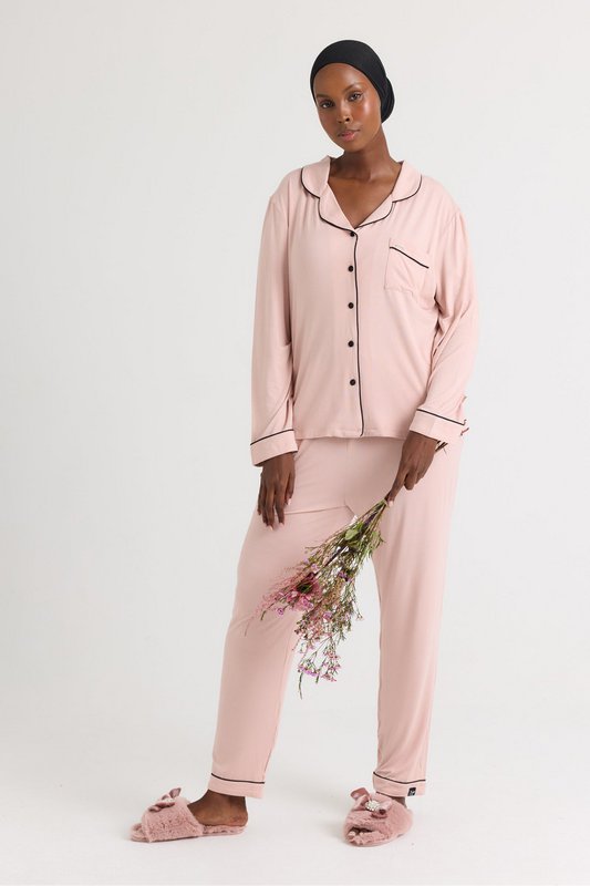 Set pigiama lungo in bambù rosa