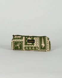 Quilted pencil case, olive green and cream geometric pattern, rectangular shape, kids storage pouch.