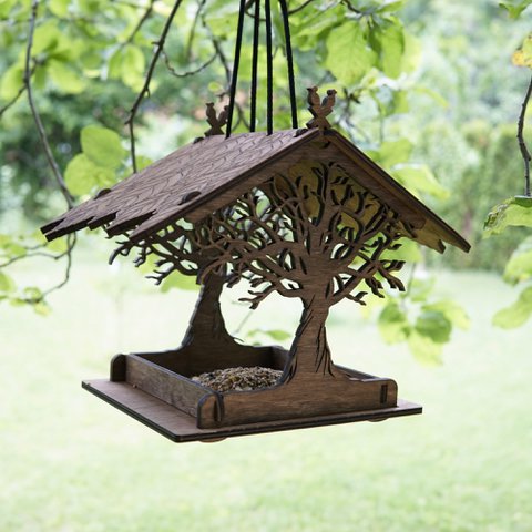 Rustic Wood Bird Feeder, Outdoor Hanging Decor for Gardens and Terraces