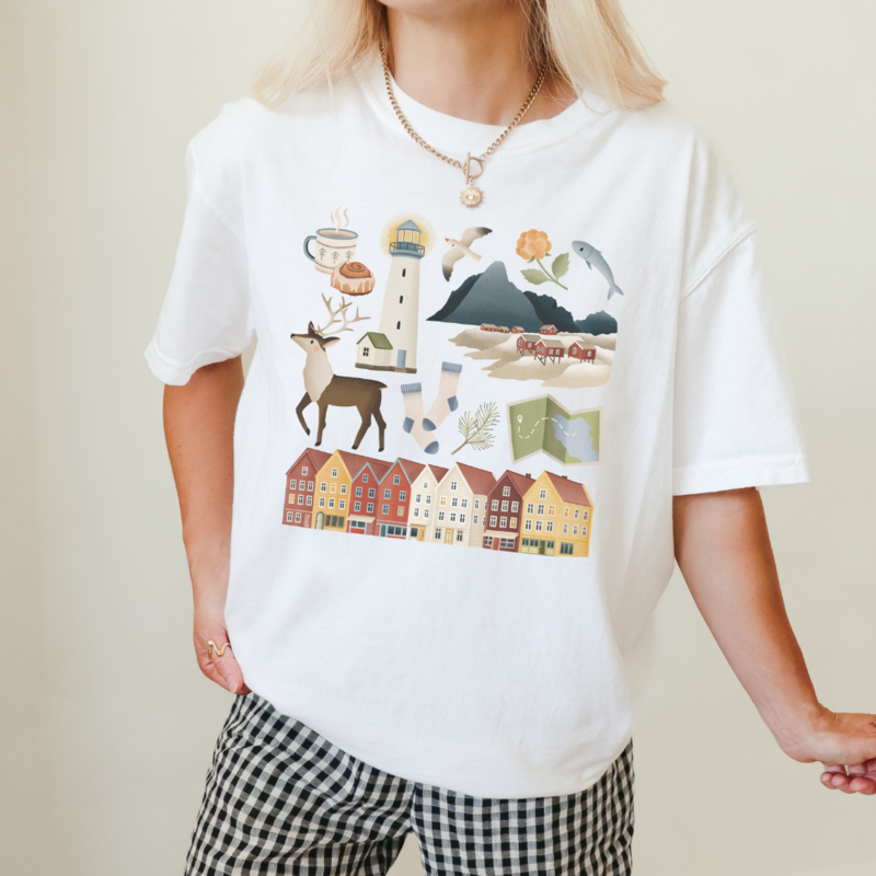 Camiseta Noruega Trip Escandinavia - Camisa de casas de algodón orgánico Casas - Souvenir de Noruega
