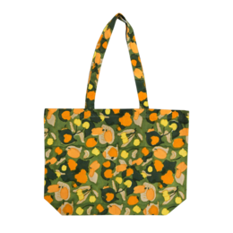 A reusable shopping bag featuring a vibrant pattern of green and yellow fruits, including lemons, limes, and oranges. The bag has sturdy handles and a roomy interior, making it perfect for carrying groceries, produce, or other items.