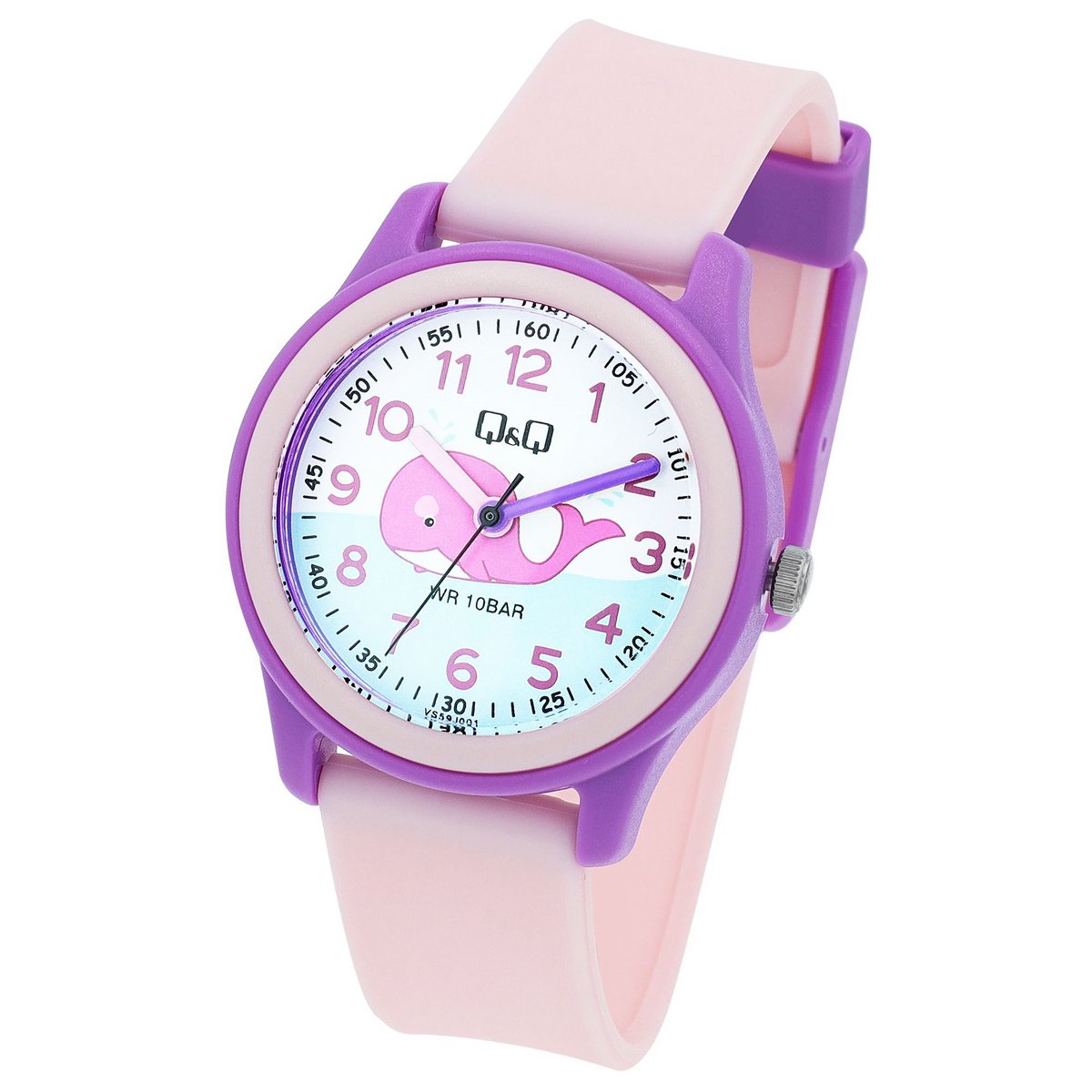 Orologio per bambini Q&Q con cinturino in silicone, "Whale", 10 bar, rosa