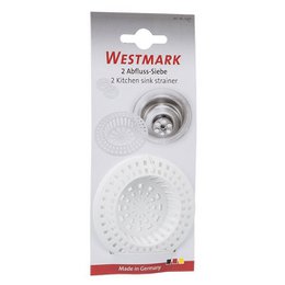  Two round stainless steel sink strainers, 70mm in diameter, for use in kitchen sinks.