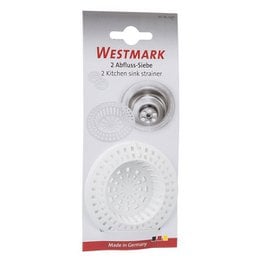Two round stainless steel sink strainers, 70mm in diameter, for use in kitchen sinks.