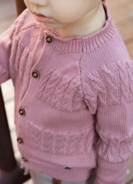 Soft pink knitted cardigan with button closure, suitable for a baby girl aged 0-18 months.