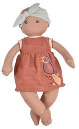 A 42cm baby doll with a soft, plush body dressed in a peach-colored dress and a gray hat.