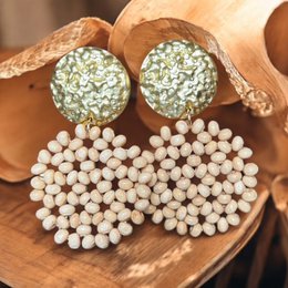 Statement Earrings: Gold Hammered Pastilles and Job Seed Beaded Hoop Earrings — Stainless Steel & Natural