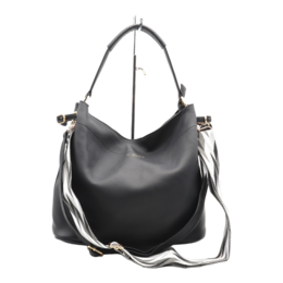 A large black leather hobo bag with a slouchy, relaxed silhouette and silver-tone hardware.