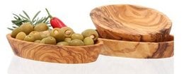 Set of 3 oval olive wood bowls, each approximately 15-17 cm in length.