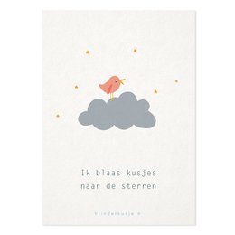 A postcard with a bird sitting on a cloud, with the text "I blow kisses to the stars" in Dutch. The image conveys a message of comfort and love, suitable for a condolence card.