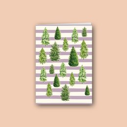Festive Christmas card featuring a pattern of green Christmas trees and striped background. Includes an envelope for mailing.