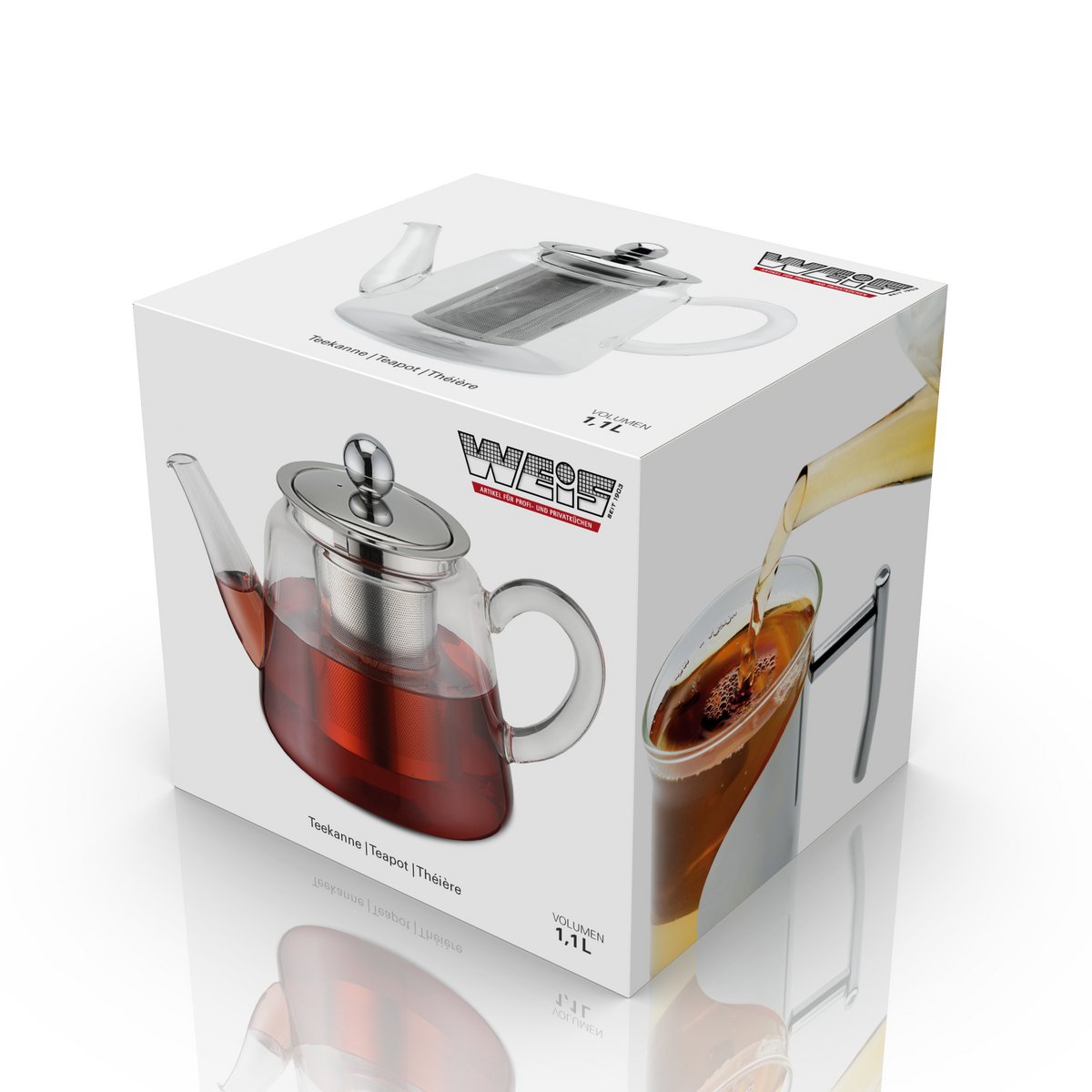 Theepot van borosilicaatglas met theefilter van 1,1 liter