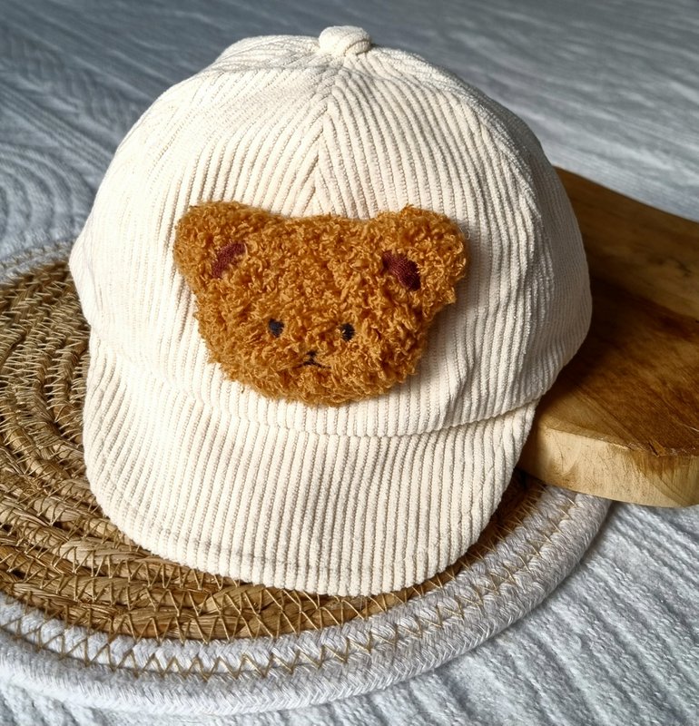 Beige Corduroy Cap With Teddy Bear