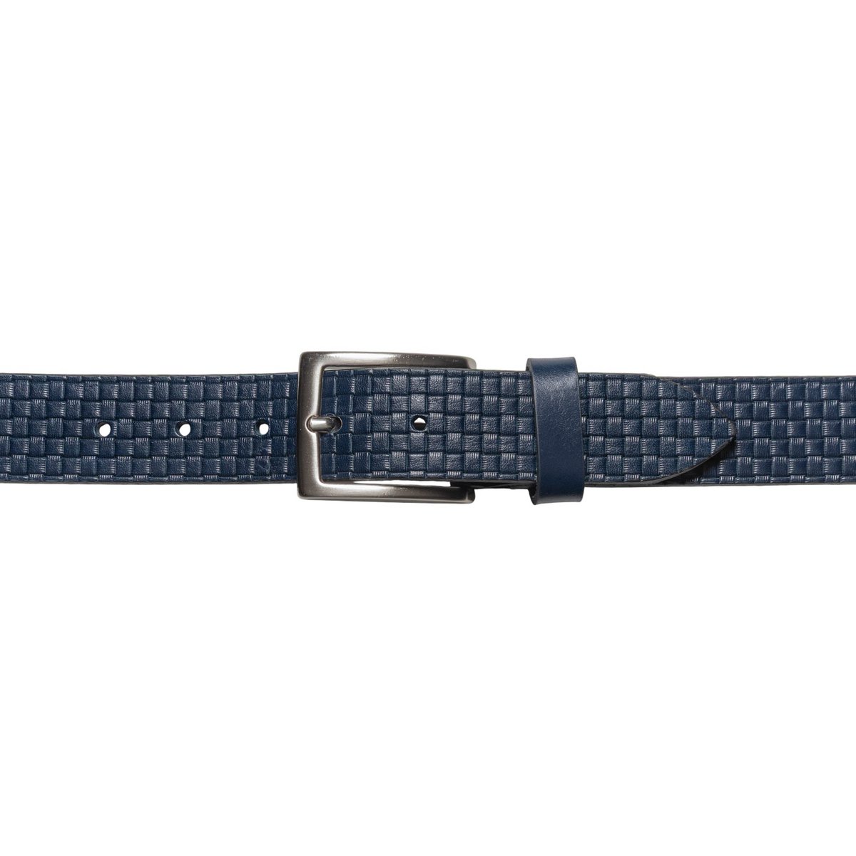 RB4028D | Men's Belt with Allover Print Made in Italy in Genuine Vegetable Tanned Leather. Buckle in satin silver finish. Color: Blue. Dimensions: 125 x 3.5 x 0.5 cm (waistline 110 cm)