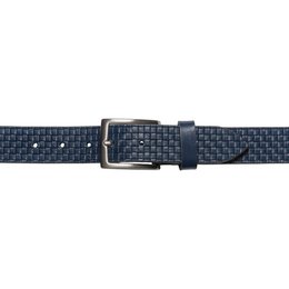 RB4028D | Men's Belt with Allover Print Made in Italy in Genuine Vegetable Tanned Leather. Buckle in satin silver finish. Color: Blue. Dimensions: 125 x 3.5 x 0.5 cm (waistline 110 cm)