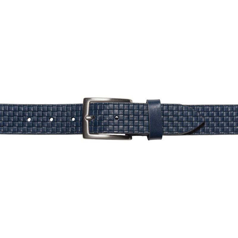 RB4028D | Men's Belt with Allover Print Made in Italy in Genuine Vegetable Tanned Leather. Buckle in satin silver finish. Color: Blue. Dimensions: 125 x 3.5 x 0.5 cm (waistline 110 cm)