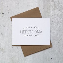 A white greeting card with the text "My love to you, Liesteoma" in cursive font. The card is accompanied by a brown envelope, and a second image shows a leopard print envelope variant.