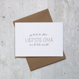 A white greeting card with the text "My love to you, Liesteoma" in cursive font. The card is accompanied by a brown envelope, and a second image shows a leopard print envelope variant.
