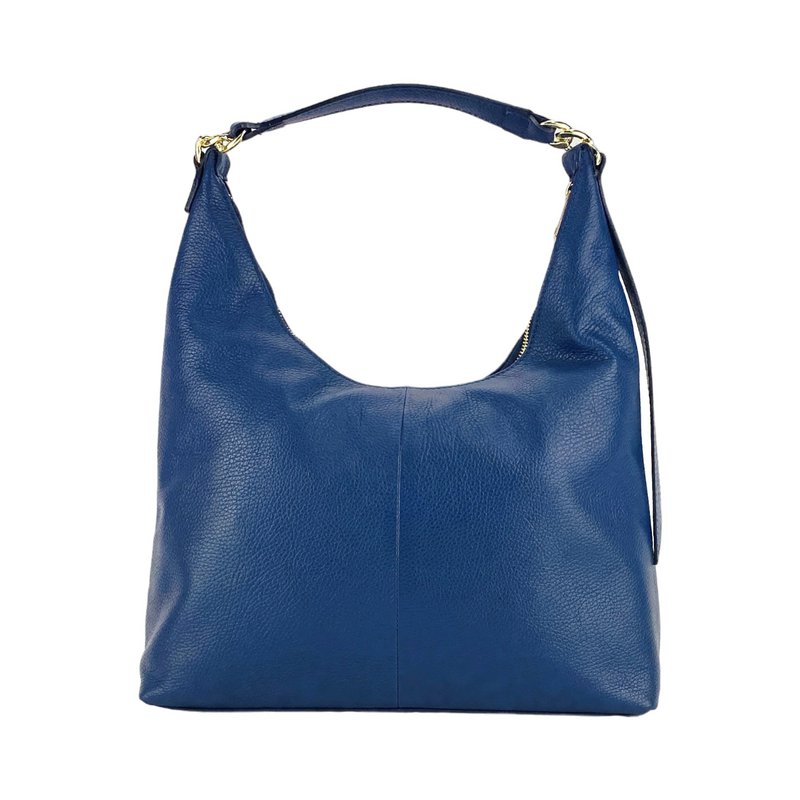 RB1017D | Soft women's shoulder bag in genuine leather Made in Italy with single handle and removable shoulder strap. Attachments with shiny gold metal snap hooks - Blue color - Dimensions: 36 x 40 x 13 cm
