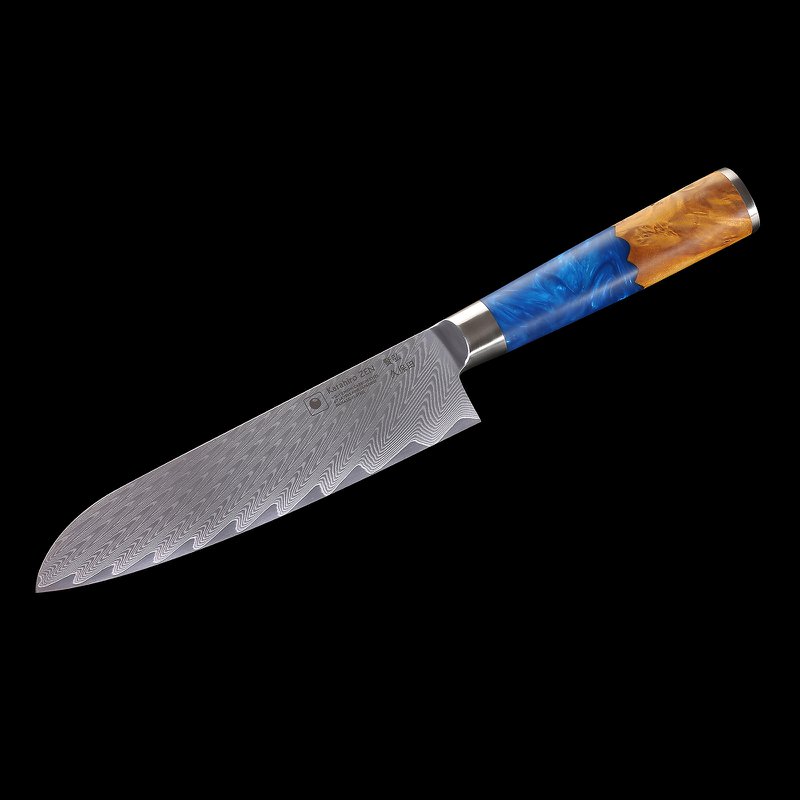 Couteau Katahiro Zen 7" Damascus Santoku, acier Damas japonais VG-10, bois de loupe d'érable blanc et manche en résine acrylique bleue