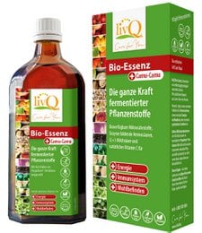 "livQ Bio-Essenz Camu-Camu is a fermented supplement containing lactic acid bacteria and vitamin C. The product is packaged in a glass bottle with a green and yellow box."
The key details I can provide based on the images and product information are:
- Colors: The product packaging features green, yellow, and orange colors.
- Materials: The product is contained in a glass bottle.
- Style: The packaging has a natural, organic aesthetic.
- Shape: The bottle has a cylindrical shape.
- Description: "livQ Bio-Essenz Camu-Camu, fermented + lactic acid bacteria + vitamin C" - a fermented supplement containing camu-camu, lactic acid bacteria, and vitamin C.
This description should provide enough relevant information to enable semantic search for this product, focusing on the key product attributes without identifying any individuals.