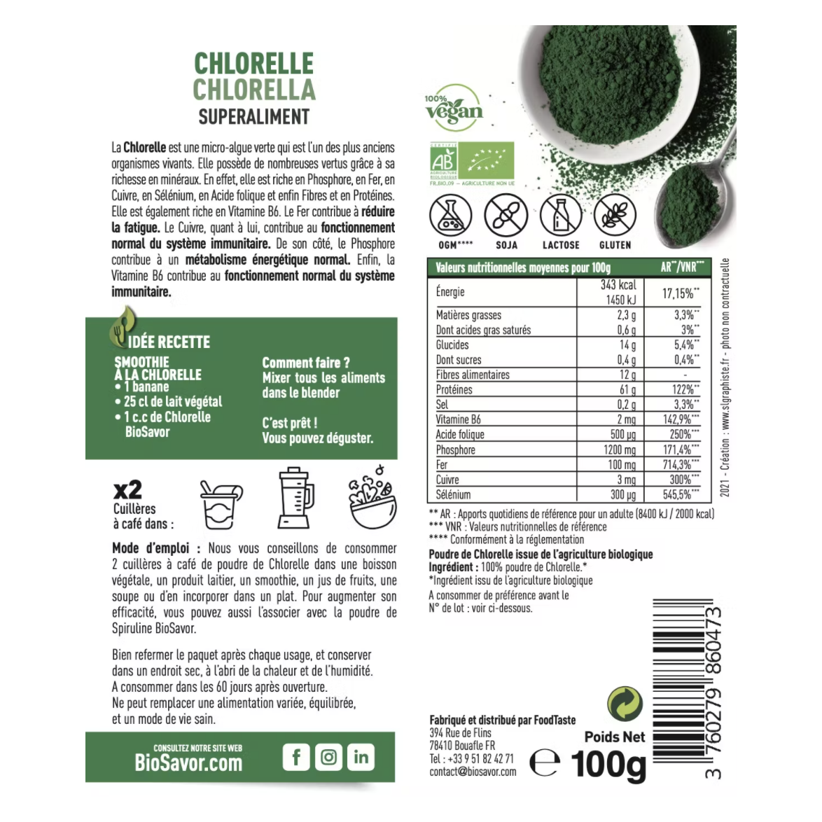 CHLORELLE POUDRE - 100G - COMPLÉMENT ALIMENTAIRE